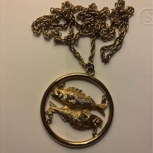 Long Chunky Gold Time PISCES Astrology Necklace Ornate Chain Vintage Designer
